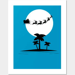 Santa Flying Over a Tropical Island Posters and Art